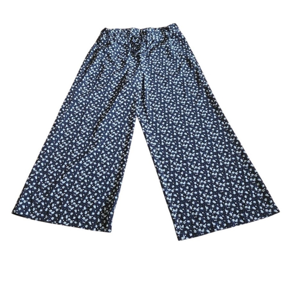 HM Navy Blue Floral Wide Leg Drawstring Pants Ditsy Print Size 8 Relaxed 564
